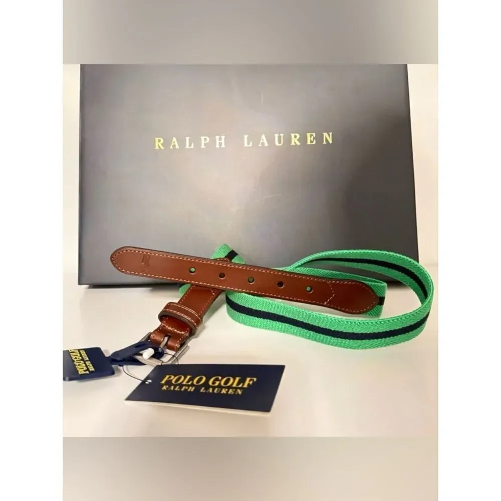 Polo Ralph Lauren Polo Golf Men’s Belt Green Navy Stripe Elastic Leather 40 NWT